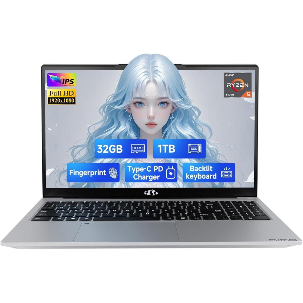 imageNIMO 156quot IPS FHDGamingLaptopAMD Ryzen 5 6600H 6 Cores 32GB DDR5 RAM 1TB SSD Beat i71165G7 Up to 45GHz AMD Radeon 660M GPUComputer with 100W TypeC Charger Backlit Keyboard Win 11Silver