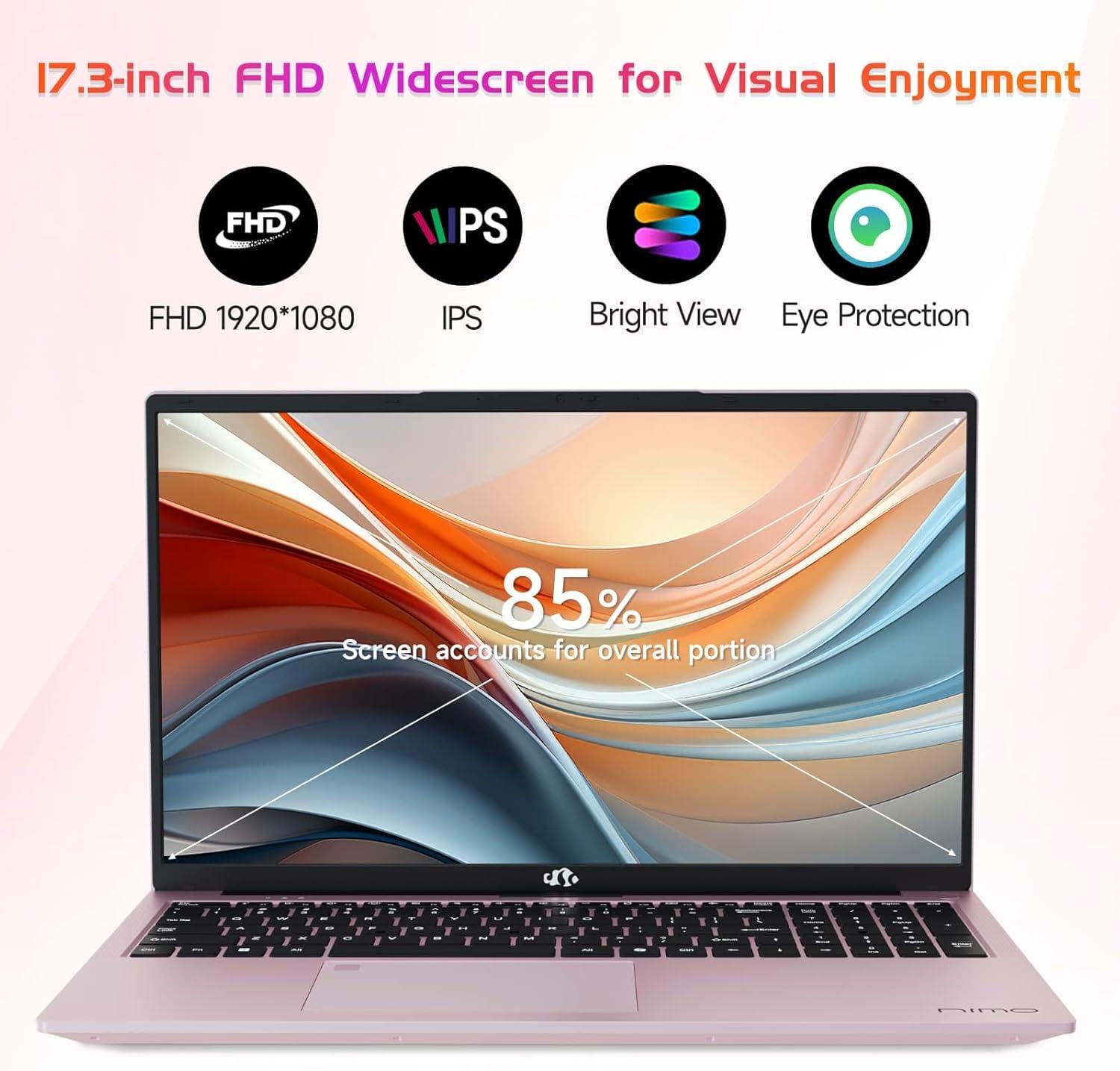 imageNIMO 173quot IPS FHDStudentLaptop Intel 6 Core I31215U 16GB RAM 512GB SSD Beat R5 7520U Up to 44GHz Computer with 65W Type C Backlit Keyboard Fingerprint WiFi 6 for Home and BusinessRose Gold