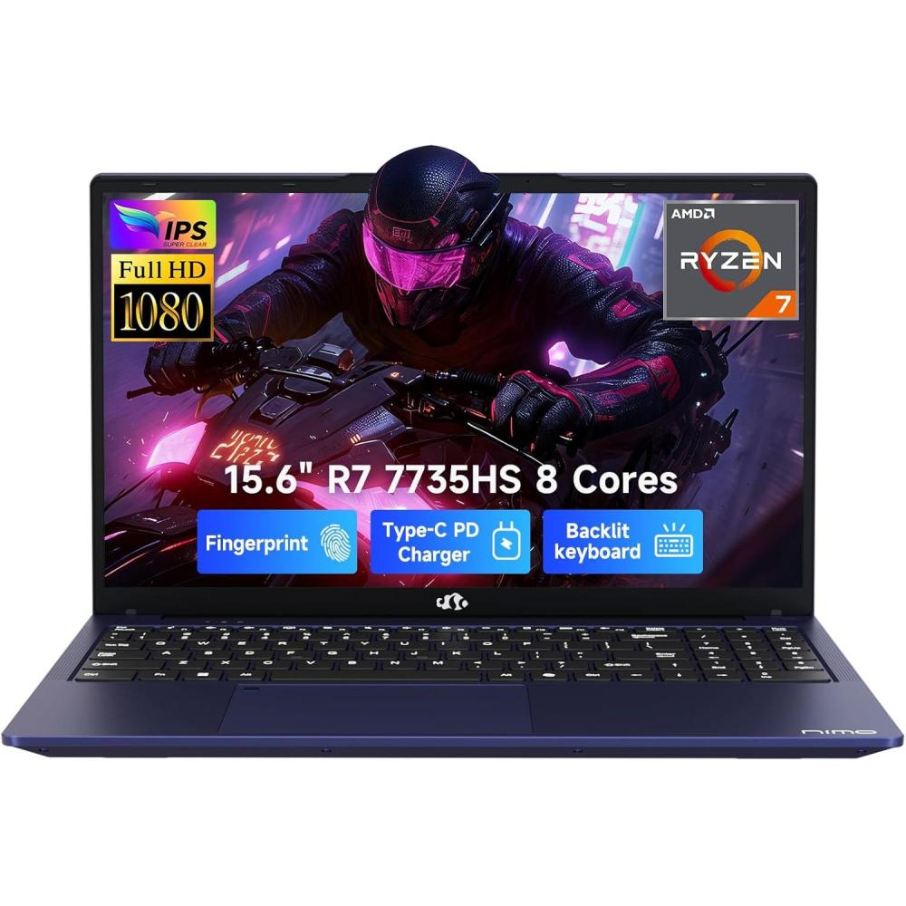 imageNIMO 156quot IPS FHDGamingLaptop AMD 8 Cores Ryzen 7 7735HS 16GB DDR5 RAM 1TB SSD Beats i712650H Computer with Radeon 680M 100W TypeC Charger Backlit Keyboard Fingerprint for Gaming BusinessBlue