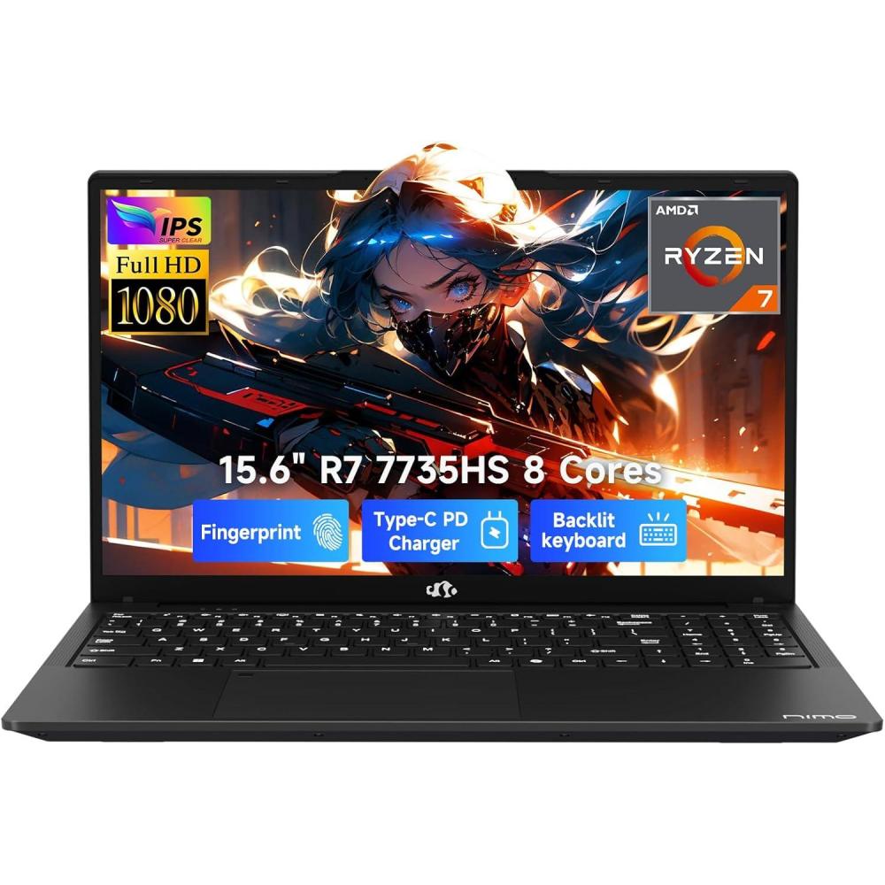 imageNIMO 156quot IPS FHDGamingLaptop AMD 8 Cores Ryzen 7 7735HS 16GB DDR5 RAM 1TB SSD Beats i712650H Computer with Radeon 680M 100W TypeC Charger Backlit Keyboard Fingerprint for Gaming BusinessBlack