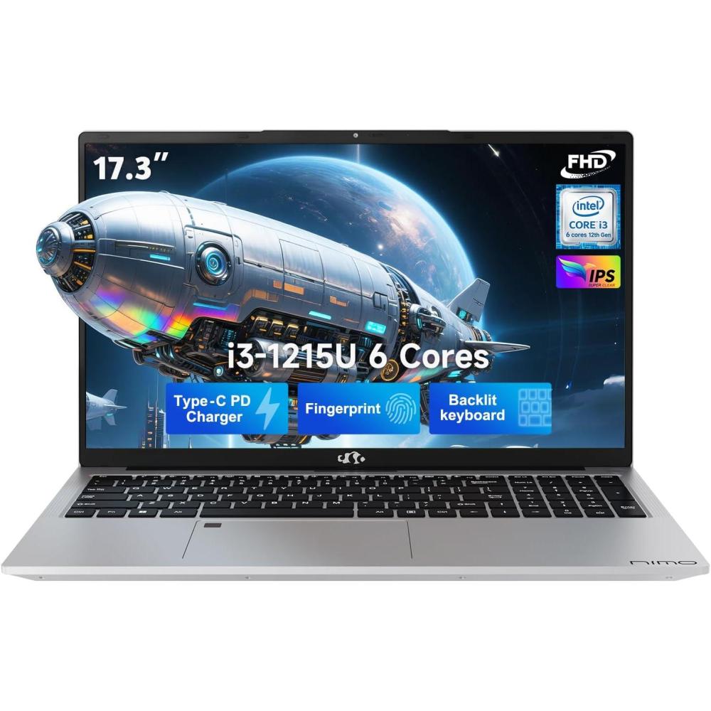 imageNIMO 173quot IPS FHDStudentLaptop Intel 6 Core I31215U 16GB RAM 512GB SSD Beat R5 7520U Up to 44GHz Computer with 65W Type C Backlit Keyboard Fingerprint WiFi 6 for Home and BusinessSilver