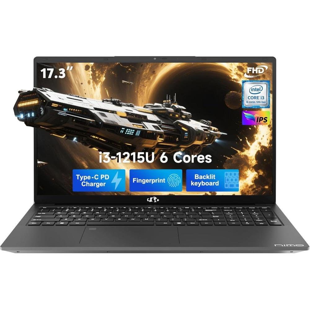imageNIMO 173quot IPS FHDStudentLaptop Intel 6 Core I31215U 16GB RAM 512GB SSD Beat R5 7520U Up to 44GHz Computer with 65W Type C Backlit Keyboard Fingerprint WiFi 6 for Home and BusinessGray