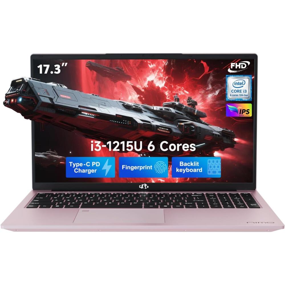 imageNIMO 173quot IPS FHDStudentLaptop Intel 6 Core I31215U 16GB RAM 512GB SSD Beat R5 7520U Up to 44GHz Computer with 65W Type C Backlit Keyboard Fingerprint WiFi 6 for Home and BusinessRose Gold