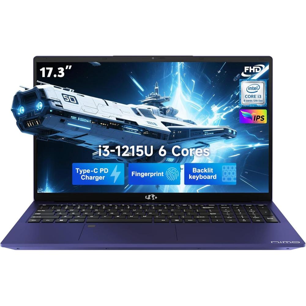imageNIMO 173quot IPS FHDStudentLaptop Intel 6 Core I31215U 16GB RAM 512GB SSD Beat R5 7520U Up to 44GHz Computer with 65W Type C Backlit Keyboard Fingerprint WiFi 6 for Home and BusinessBlue