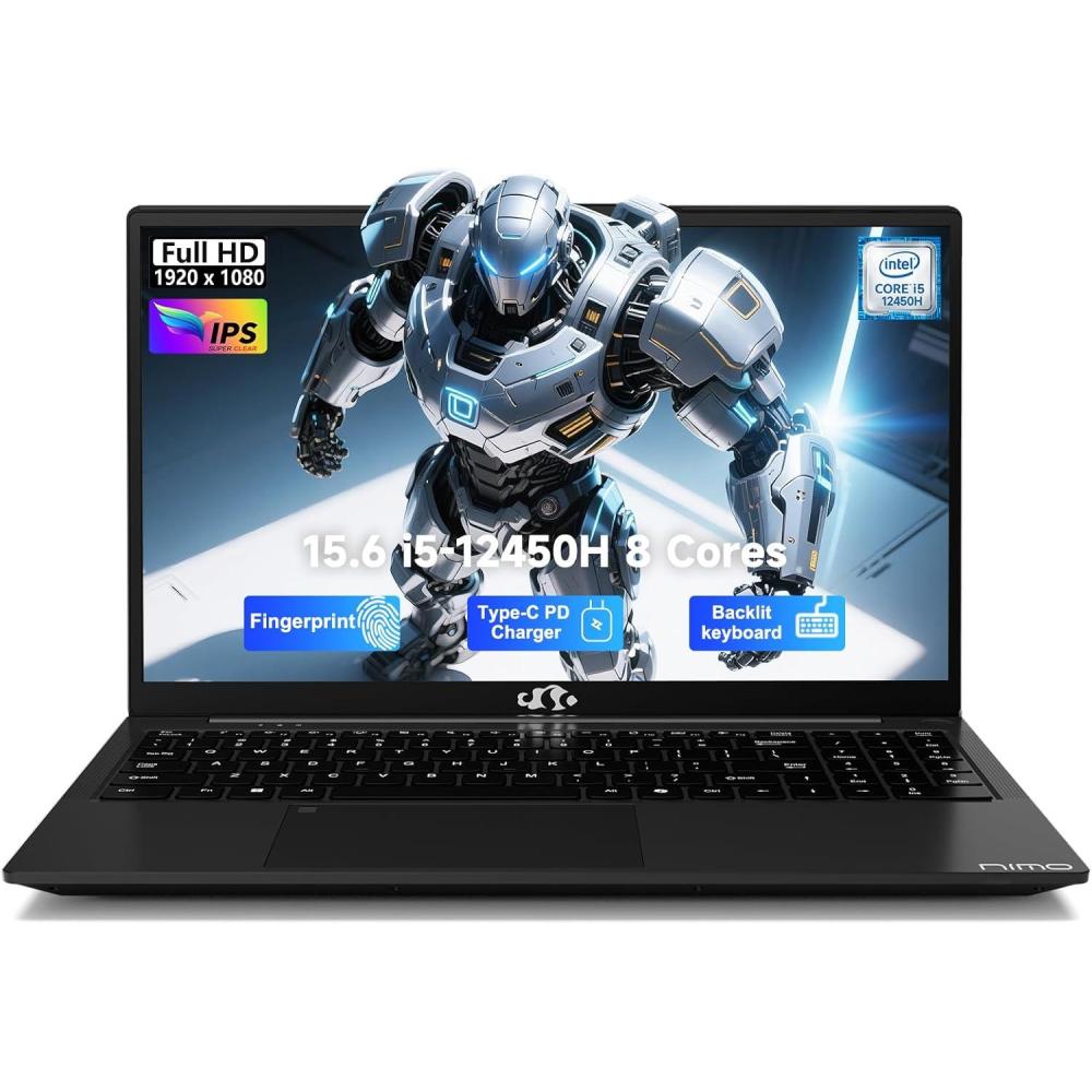 imageNIMO 156quot FHD lPSBusinessLaptop 8 Cores Intel i512450H 16GB RAM 512GB SSD Beat i711800H Up to 44 GHz Student Computer with 100W TypeC Charger Fingerprint Backlit Keyboard WiFi6 NumpadBlack