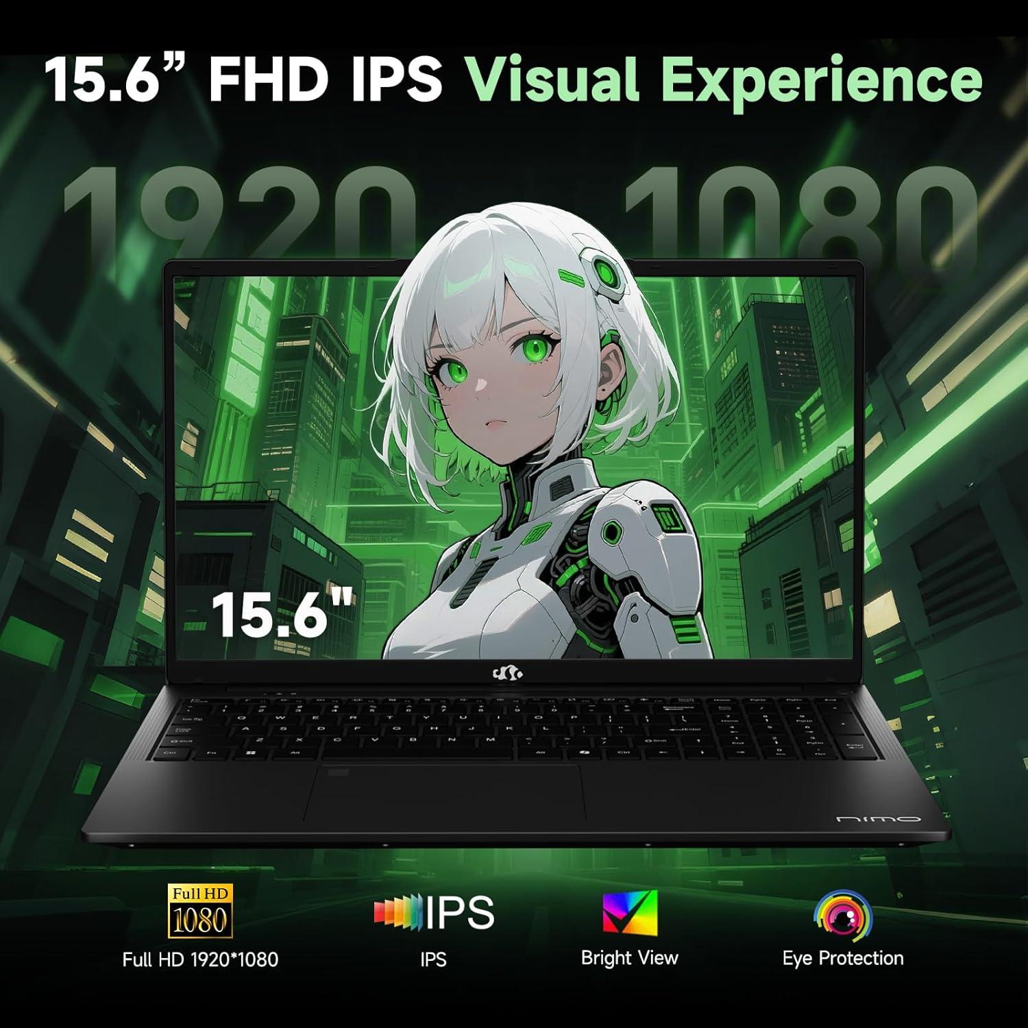 imageNIMO 156 IPS FHD Gaming Laptop AMD 8 Cores Ryzen 7 7735HS 32GB DDR5 RAM 1TB SSD Radeon 680M Graphics 100W TypeC Backlit Keyboard Fingerprint Unlock WiFi 5 Bluetooth 52Black