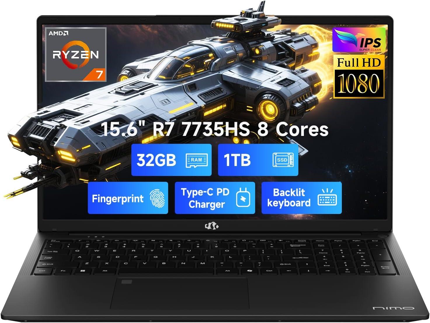 imageNIMO 156 IPS FHD Gaming Laptop AMD 8 Cores Ryzen 7 7735HS 32GB DDR5 RAM 1TB SSD Radeon 680M Graphics 100W TypeC Backlit Keyboard Fingerprint Unlock WiFi 5 Bluetooth 52Black