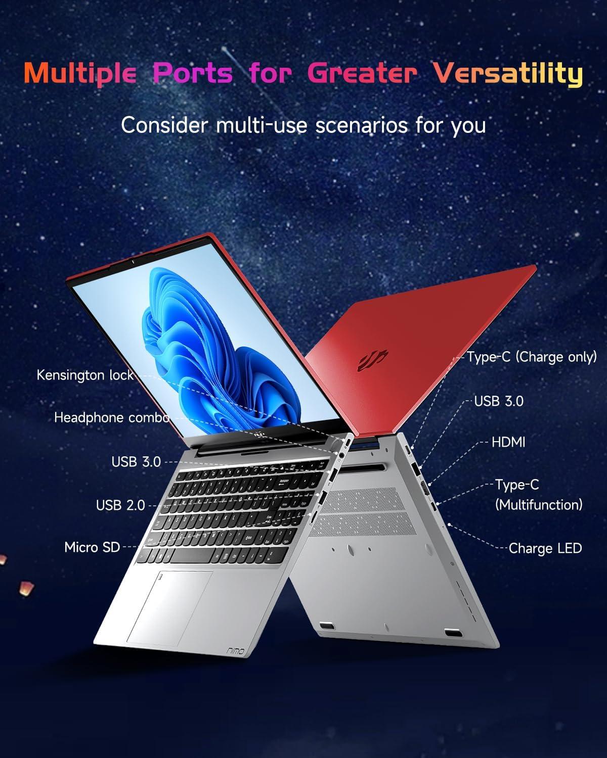 imageNIMO 156 IPS FHD Laptop Intel Pentium Quad Core N100 16GB RAM 512GB SSD Beat i31115G4 Up to 34GHz Computer with Backlit Keyboard Fingerprint TypeC Charger WiFi 6 BT52 for Student and HomeRed