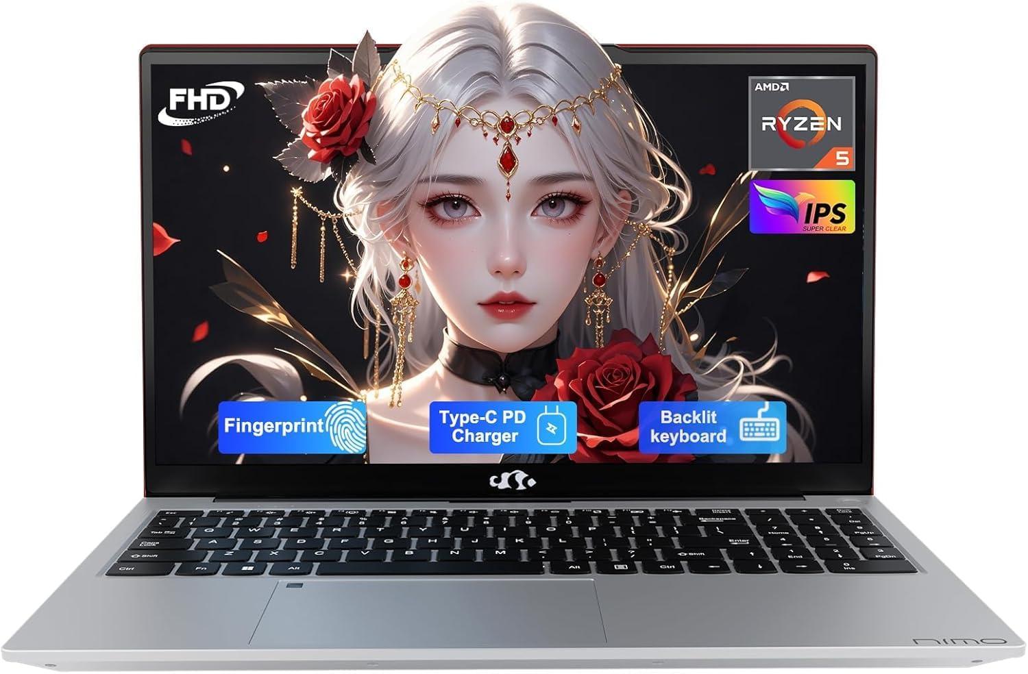 imageNIMO 156 IPS FHDLaptop 8GB RAM 256GB SSD AMD Ryzen 5Beat i51135G7 4 Cores Up to 37GHz Student Computer with 65W TypeC 2 Years Warranty Fingerprint Backlit Keyboard BT52 Numpad BlueRed
