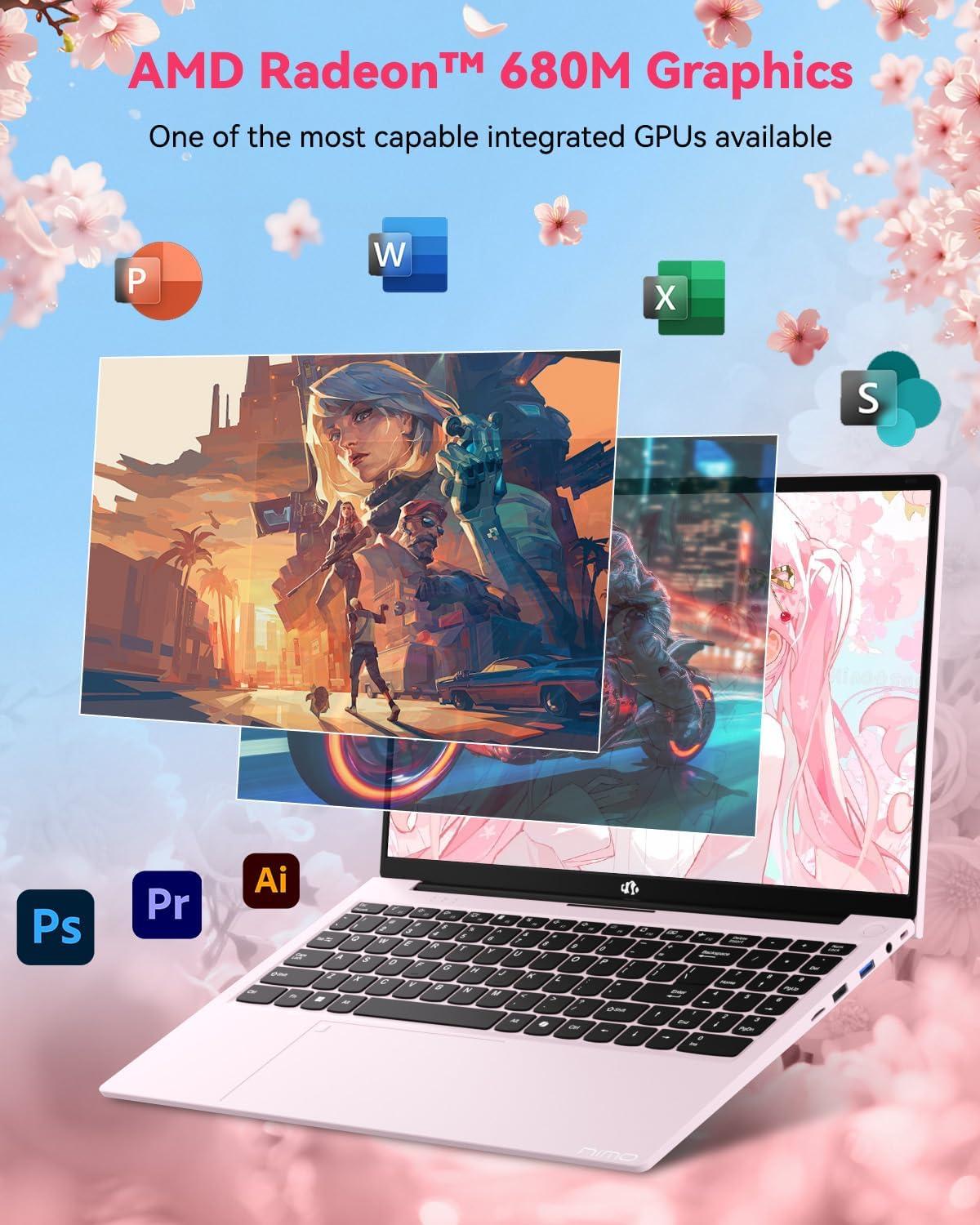 imageNIMO 156 LightGamingLaptop AMD Ryzen 7 Pro 6850U 8 Cores Up to 47GHz 16GB RAM 512GB SSD AMD Radeon 680M GPU FHD IPS Display 100W TypeC Backlit Keyboard Fingerprint ReaderRose Gold