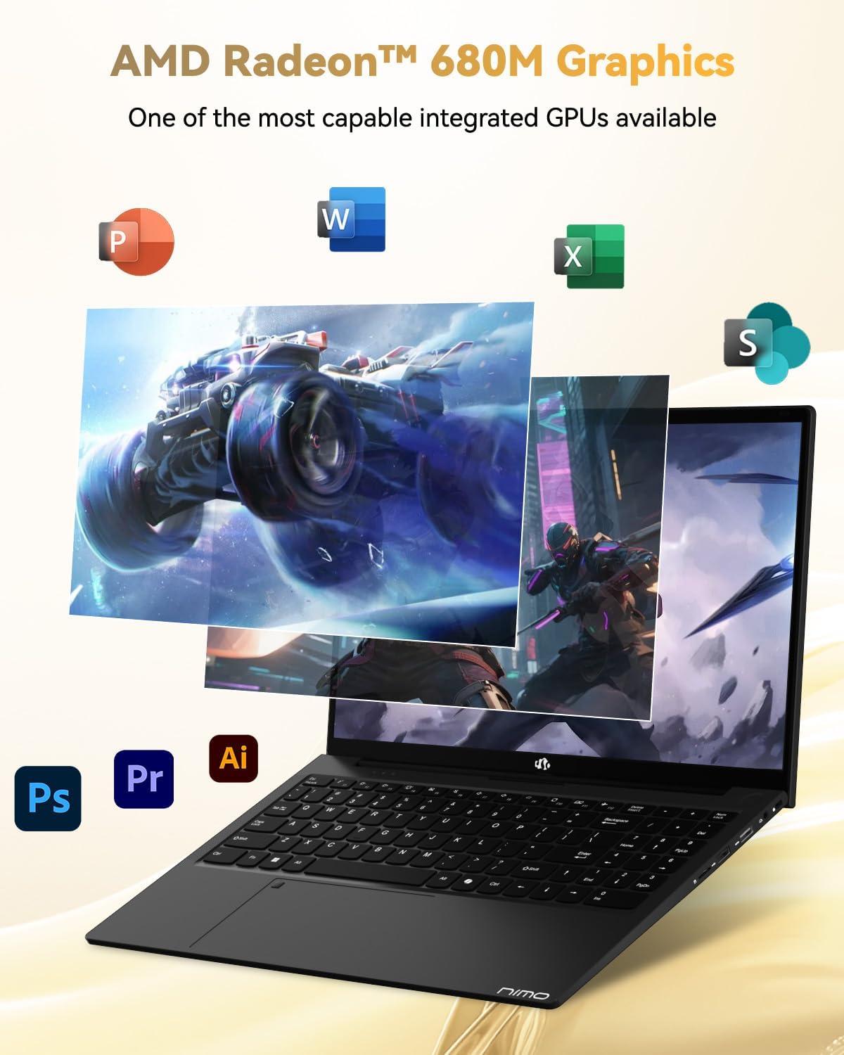 imageNIMO 156 LightGamingLaptop AMD Ryzen 7 Pro 6850U 8 Cores Up to 47GHz 16GB RAM 512GB SSD AMD Radeon 680M GPU FHD IPS Display 100W TypeC Backlit Keyboard Fingerprint ReaderBlack