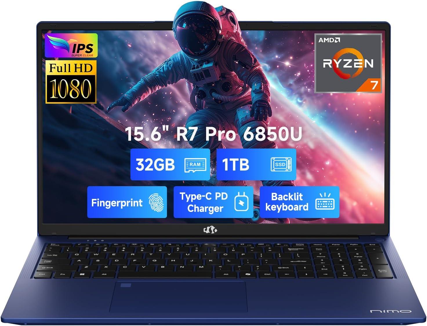 imageNIMO 156 LightGamingLaptop AMD Ryzen 7 Pro 6850U 8 Cores Up to 47GHz 16GB RAM 512GB SSD AMD Radeon 680M GPU FHD IPS Display 100W TypeC Backlit Keyboard Fingerprint ReaderBlue