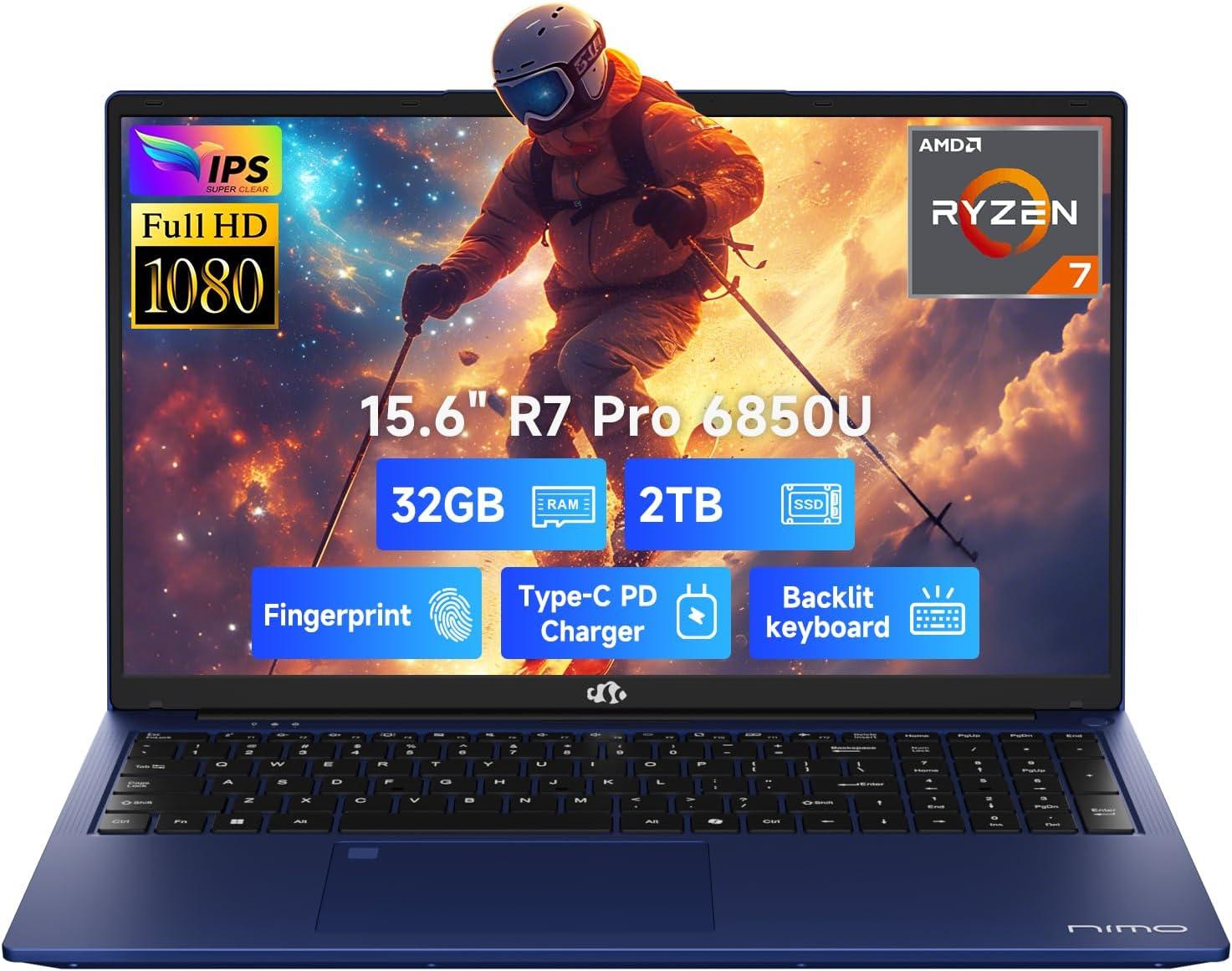 imageNIMO 156 LightGamingLaptop AMD Ryzen 7 Pro 6850U 8 Cores Up to 47GHz 16GB RAM 512GB SSD AMD Radeon 680M GPU FHD IPS Display 100W TypeC Backlit Keyboard Fingerprint ReaderBlue