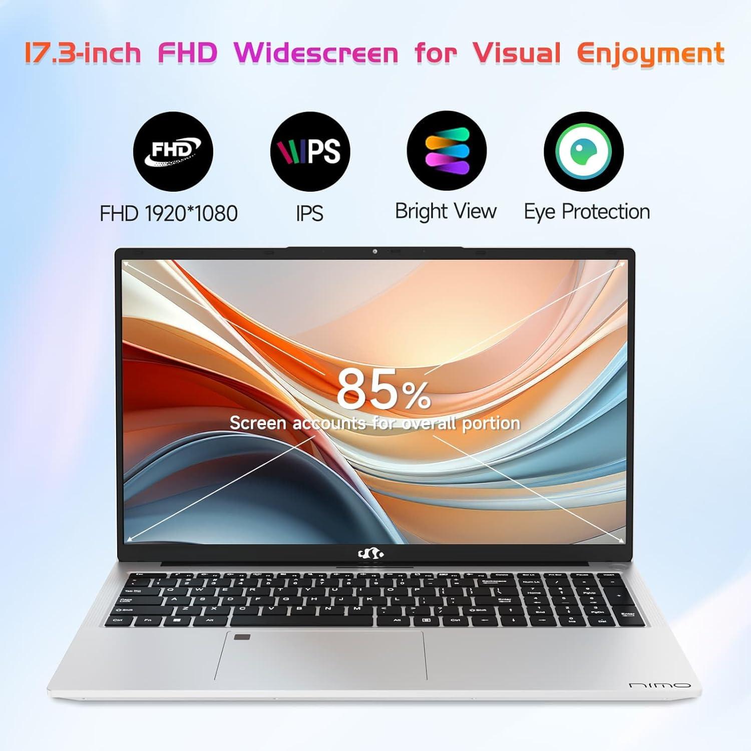 imageNIMO 17 Inch FHD IPS Laptop 6 Cores i31215U 16GB RAM 512GB SSD Up to 44GHz Beat Ryzen 5 7520U School Computer with 65W TypeC WiFi 6 Backlit KB Fingerprint for BusinessSilver