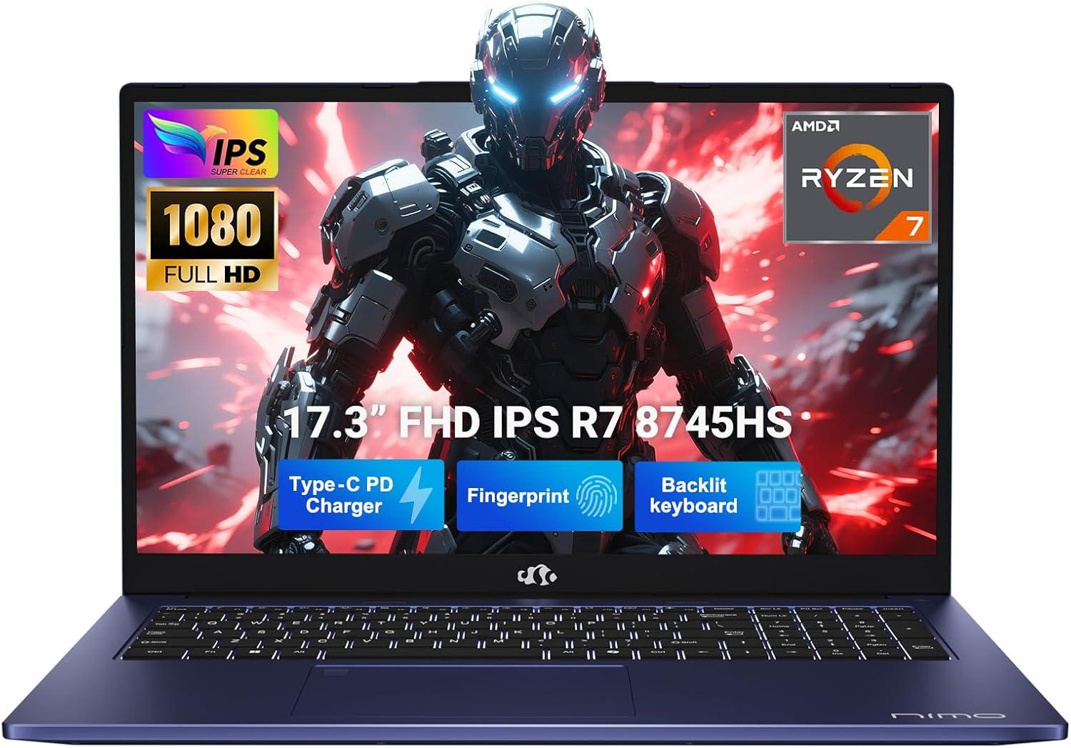 imageNIMO 173 FHD IPS Laptop AMD Ryzen 7 8745HS 8Core up to 49GHz 32GB DDR5 RAM 1TB SSD AMD Radeon 780M Graphics 100W TypeC Fast Charger Backlit Keyboard Fingerprint USB 40Blue