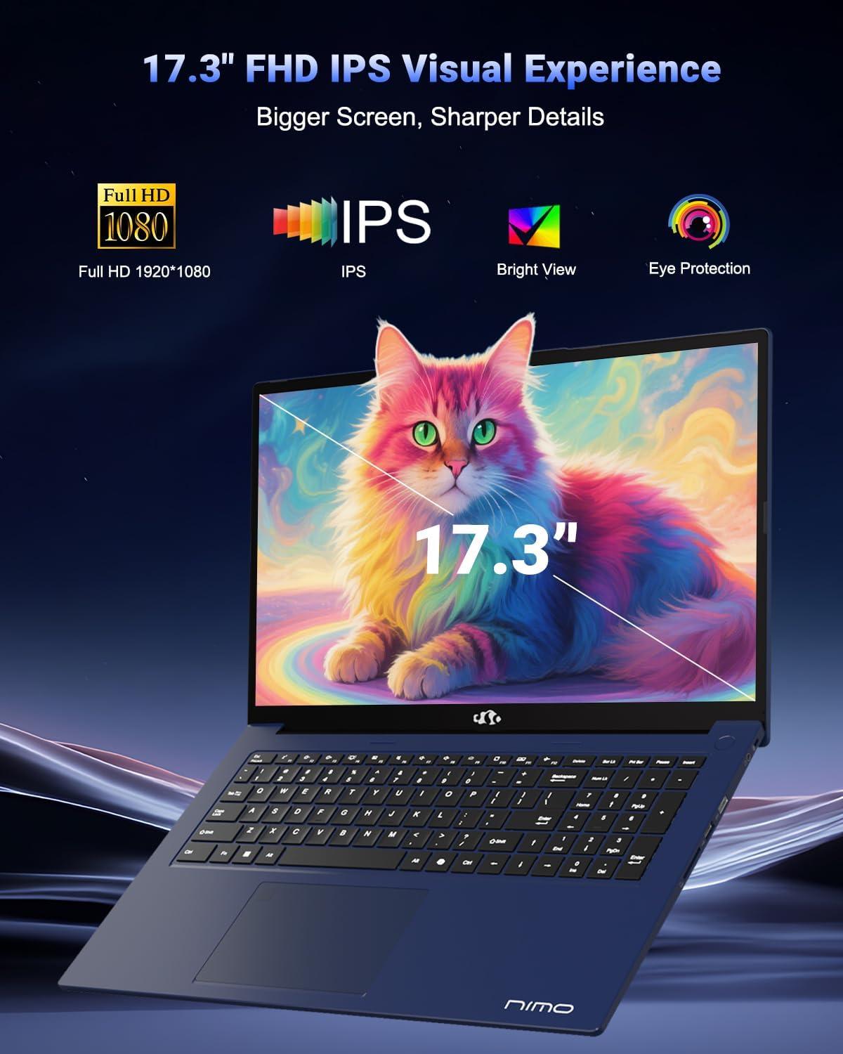 imageNIMO 173 FHD IPS Laptop AMD Ryzen 7 8745HS 8Core up to 49GHz 32GB DDR5 RAM 1TB SSD AMD Radeon 780M Graphics 100W TypeC Fast Charger Backlit Keyboard Fingerprint USB 40Blue
