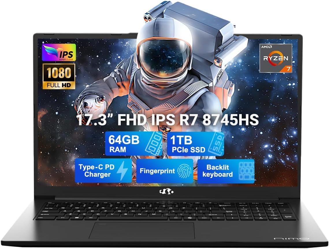imageNIMO 173 FHD IPS Laptop AMD Ryzen 7 8745HS 8Core up to 49GHz 32GB DDR5 RAM 1TB SSD AMD Radeon 780M Graphics 100W TypeC Fast Charger Backlit Keyboard Fingerprint USB 40Black