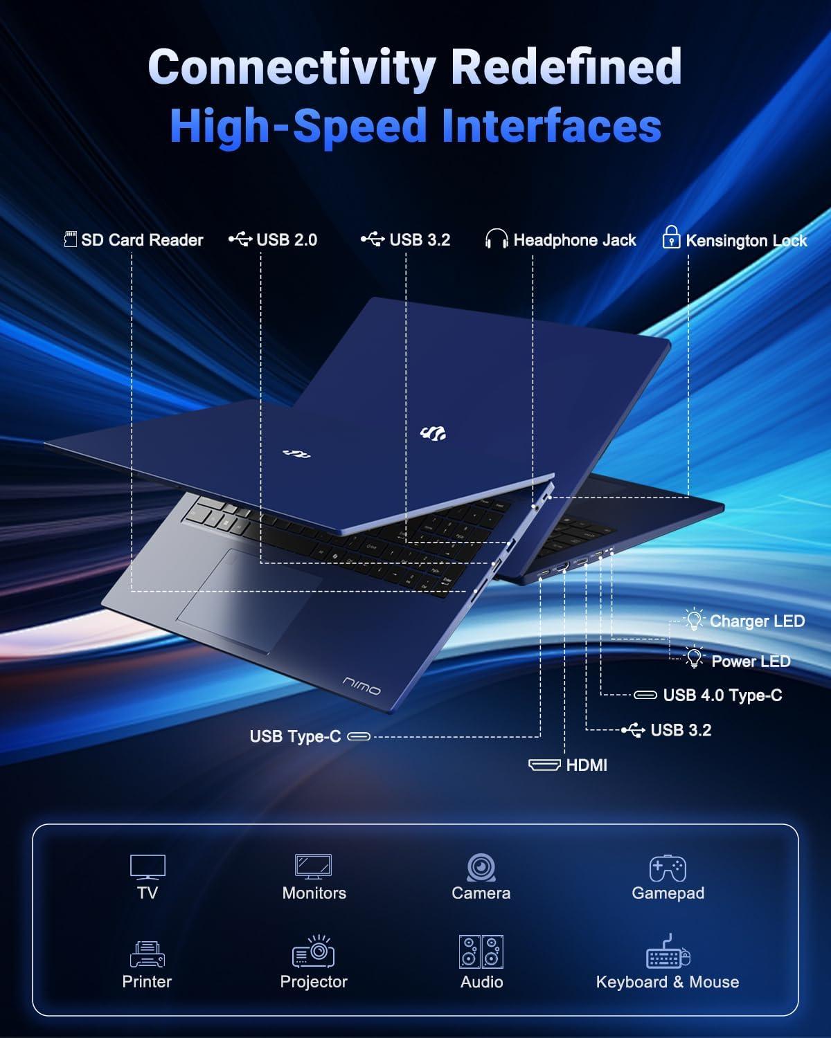 imageNIMO 173 FHD IPS Laptop AMD Ryzen 7 8745HS 8Core up to 49GHz 32GB DDR5 RAM 1TB SSD AMD Radeon 780M Graphics 100W TypeC Fast Charger Backlit Keyboard Fingerprint USB 40Blue
