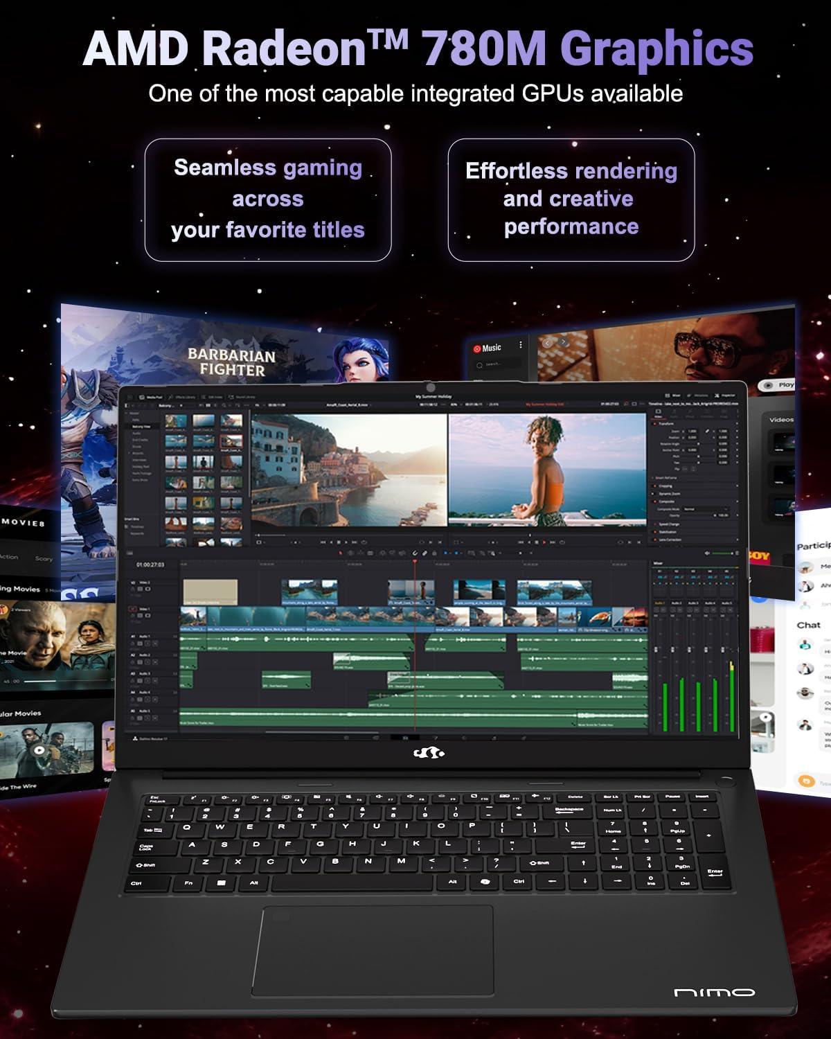 imageNIMO 173 FHD IPS Laptop AMD Ryzen 7 8745HS 8Core up to 49GHz 32GB DDR5 RAM 1TB SSD AMD Radeon 780M Graphics 100W TypeC Fast Charger Backlit Keyboard Fingerprint USB 40Black