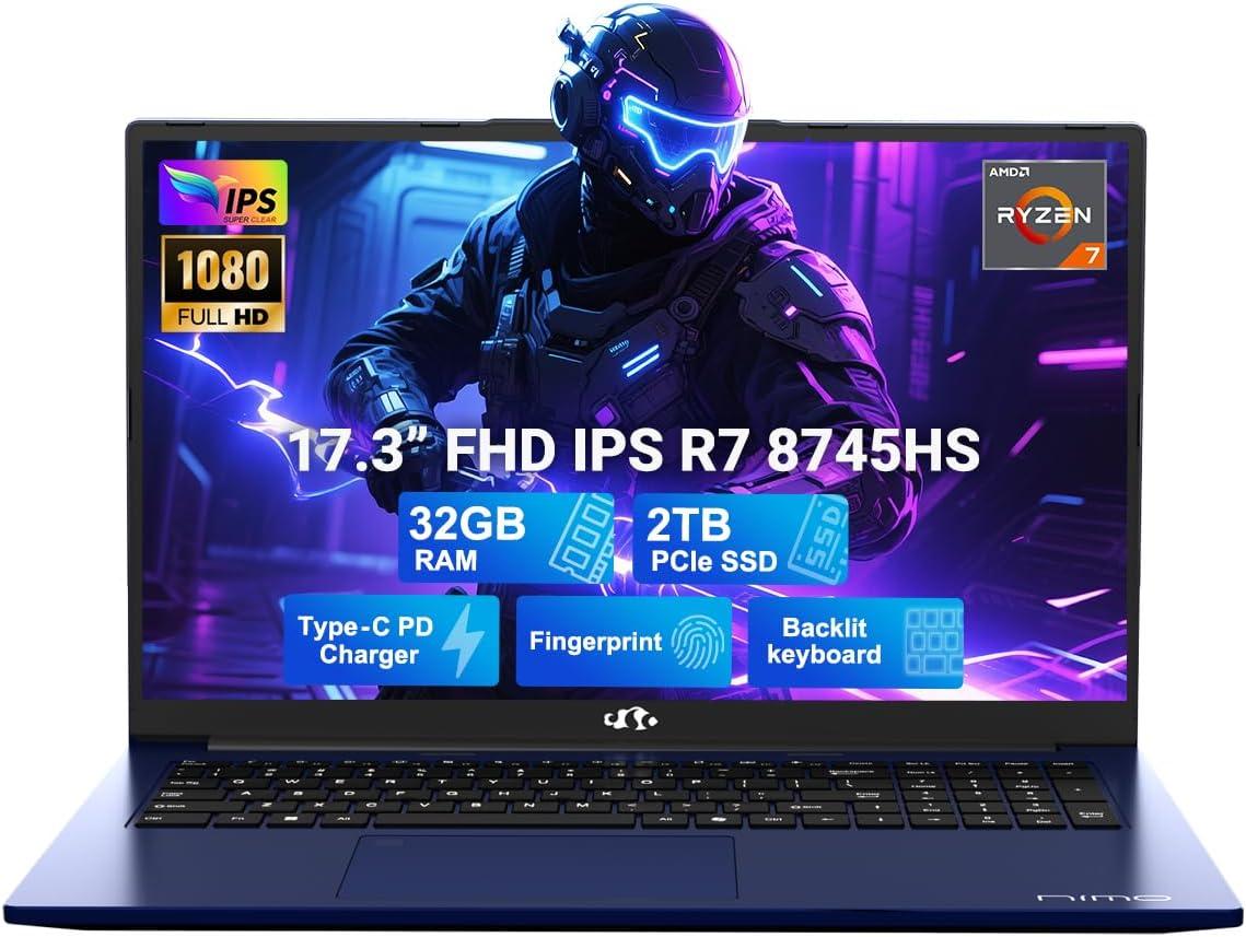 imageNIMO 173 FHD IPS Laptop AMD Ryzen 7 8745HS 8Core up to 49GHz 32GB DDR5 RAM 1TB SSD AMD Radeon 780M Graphics 100W TypeC Fast Charger Backlit Keyboard Fingerprint USB 40Blue
