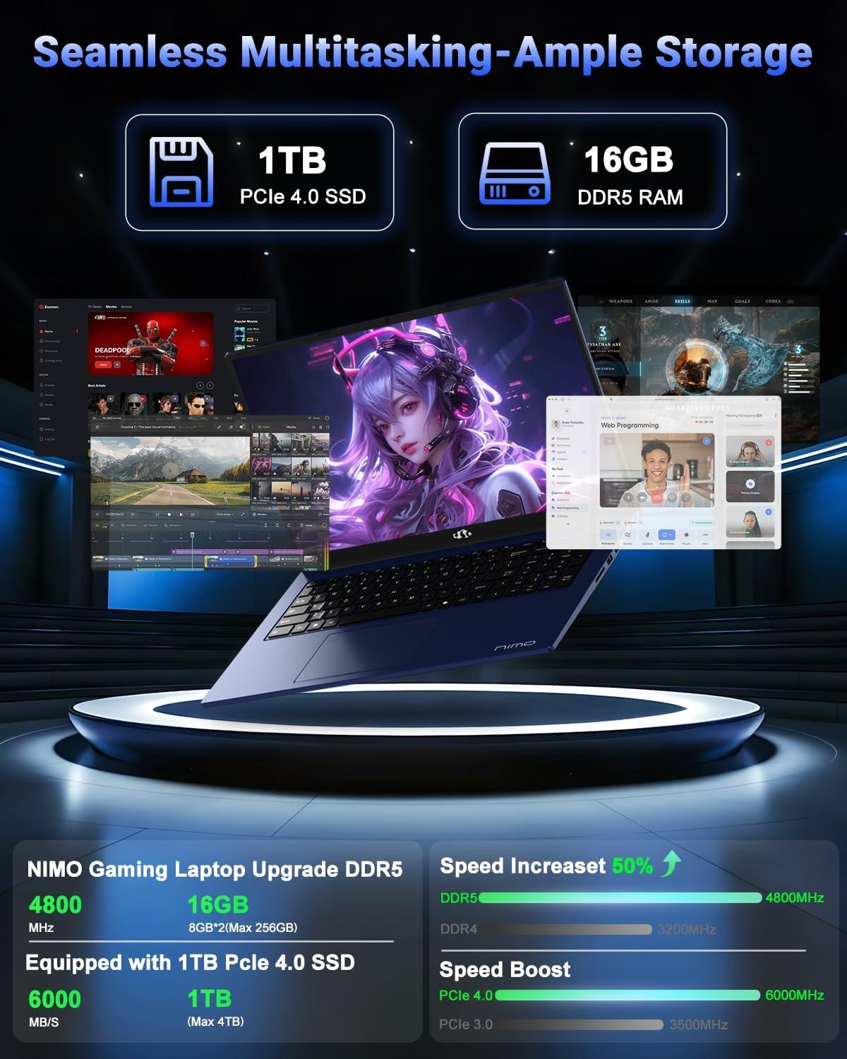 imageNIMO 173 FHD IPS Laptop AMD Ryzen 7 8745HS 8Core up to 49GHz 32GB DDR5 RAM 1TB SSD AMD Radeon 780M Graphics 100W TypeC Fast Charger Backlit Keyboard Fingerprint USB 40Blue