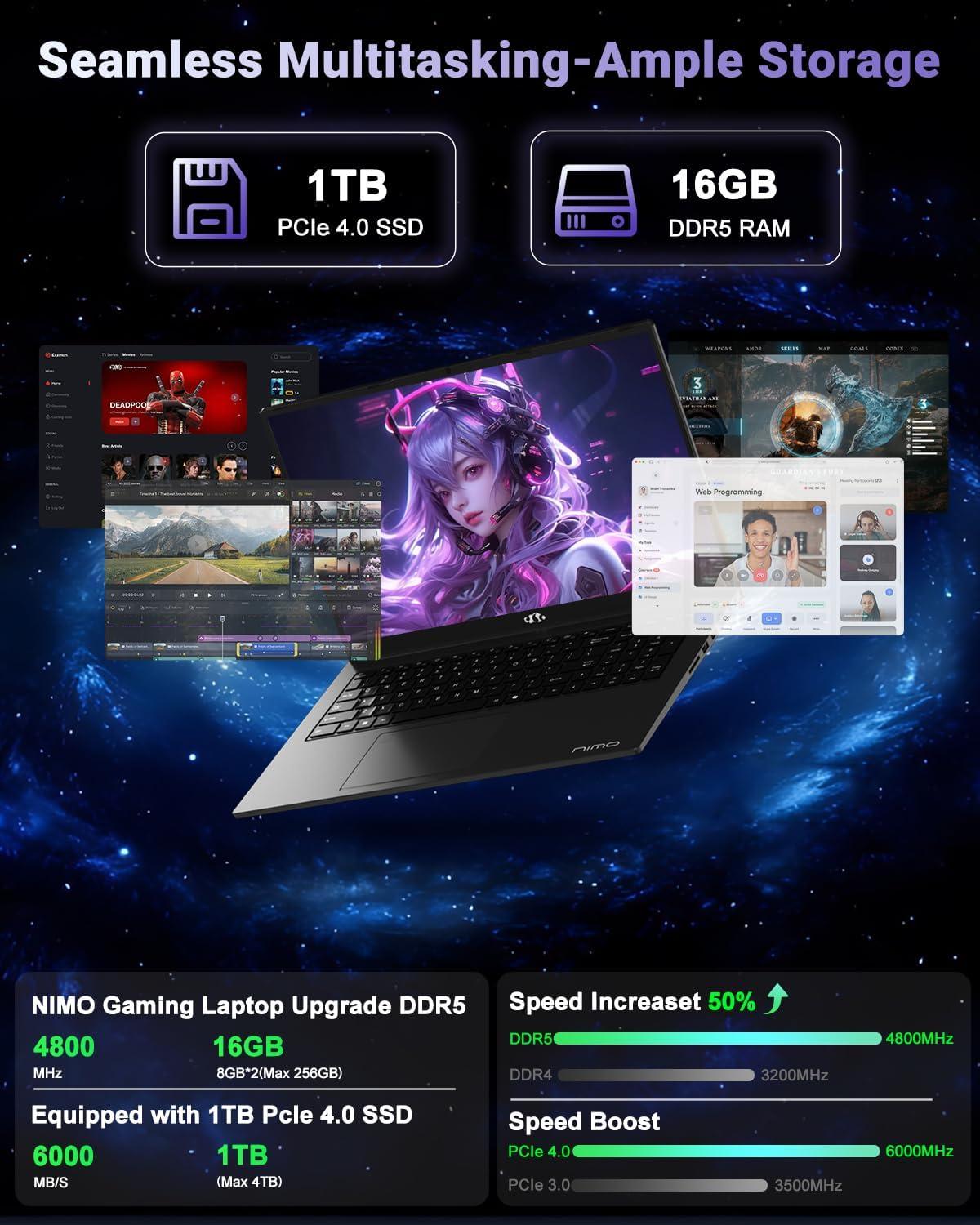 imageNIMO 173 LightGamingLaptop AMD Ryzen 7 8745HS 8 Cores 32GB DDR5 RAM 1TB SSD Radeon 780M Graphics FHD IPS Display 100W TypeC Fast Charger Backlit Keyboard Fingerprint USB 40Black