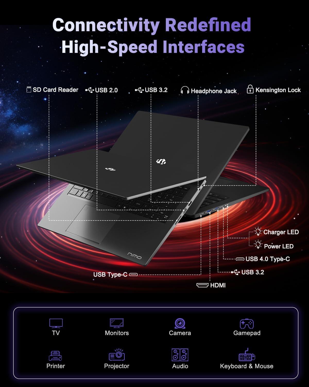 imageNIMO 173 LightGamingLaptop AMD Ryzen 7 8745HS 8 Cores 32GB DDR5 RAM 1TB SSD Radeon 780M Graphics FHD IPS Display 100W TypeC Fast Charger Backlit Keyboard Fingerprint USB 40Black