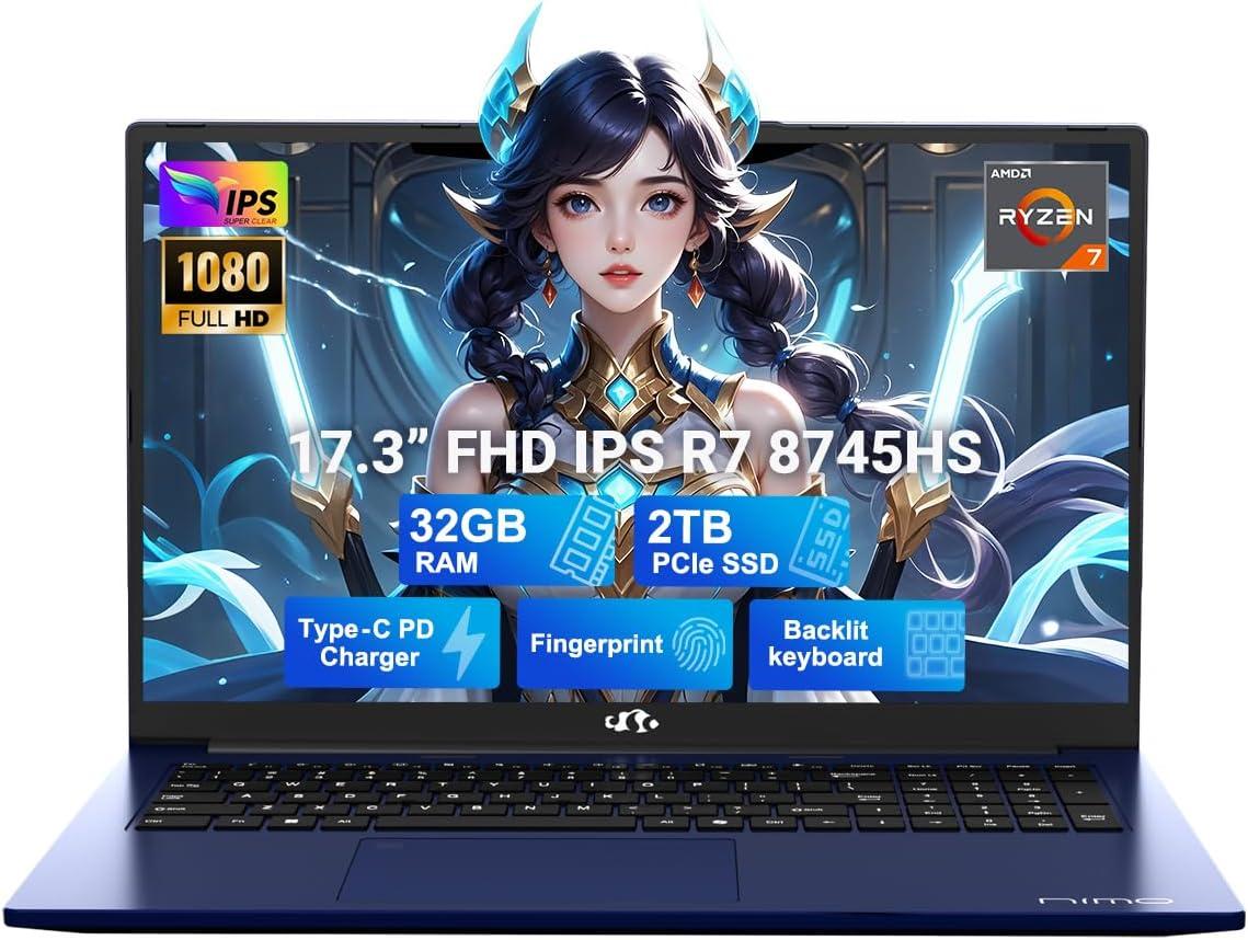 imageNIMO 173 LightGamingLaptop AMD Ryzen 7 8745HS 8 Cores 32GB DDR5 RAM 1TB SSD Radeon 780M Graphics FHD IPS Display 100W TypeC Fast Charger Backlit Keyboard Fingerprint USB 40Blue