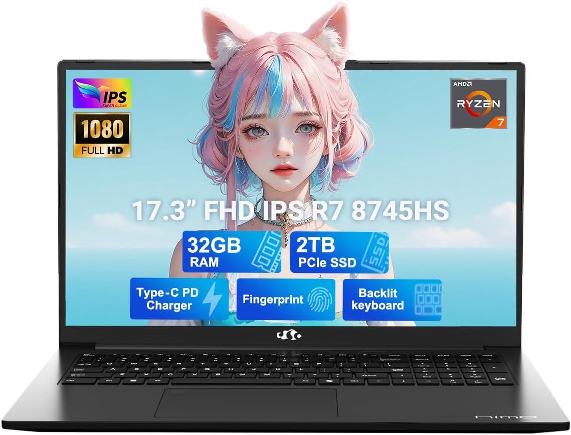 imageNIMO 173 LightGamingLaptop AMD Ryzen 7 8745HS 8 Cores 32GB DDR5 RAM 1TB SSD Radeon 780M Graphics FHD IPS Display 100W TypeC Fast Charger Backlit Keyboard Fingerprint USB 40Black