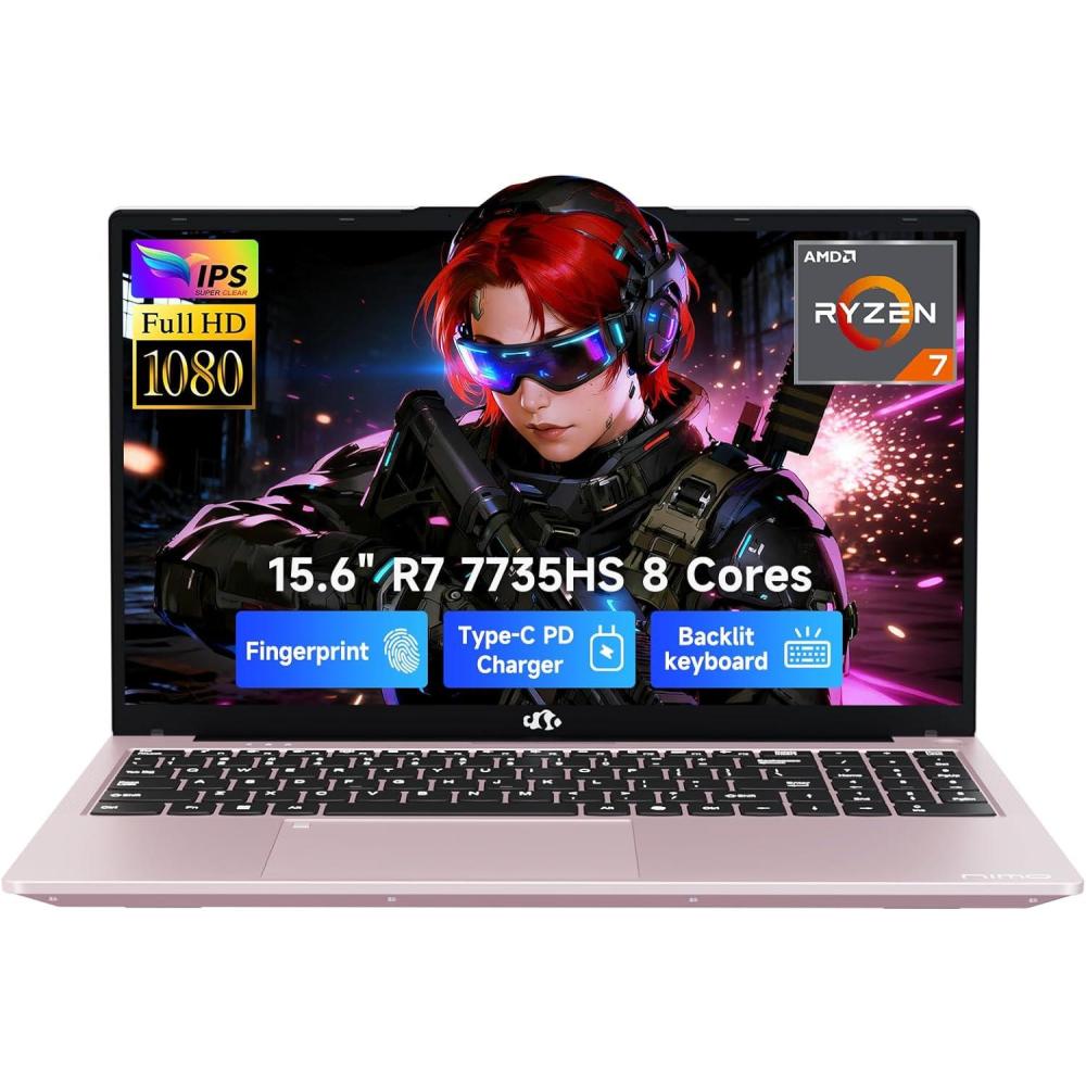 imageNIMO 156 IPS FHD Gaming Laptop AMD 8 Cores Ryzen 7 7735HS 16GB DDR5 RAM 512GB SSD Beats i712650H Up to 475GHz Computer with Radeon 680M 100W TypeC Backlit Keyboard Fingerprint UnlockRose Gold