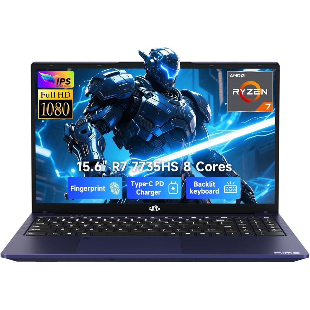 imageNIMO 156 IPS FHD Gaming Laptop AMD 8 Cores Ryzen 7 7735HS 16GB DDR5 RAM 512GB SSD Beats i712650H Up to 475GHz Computer with Radeon 680M 100W TypeC Backlit Keyboard Fingerprint UnlockBlue