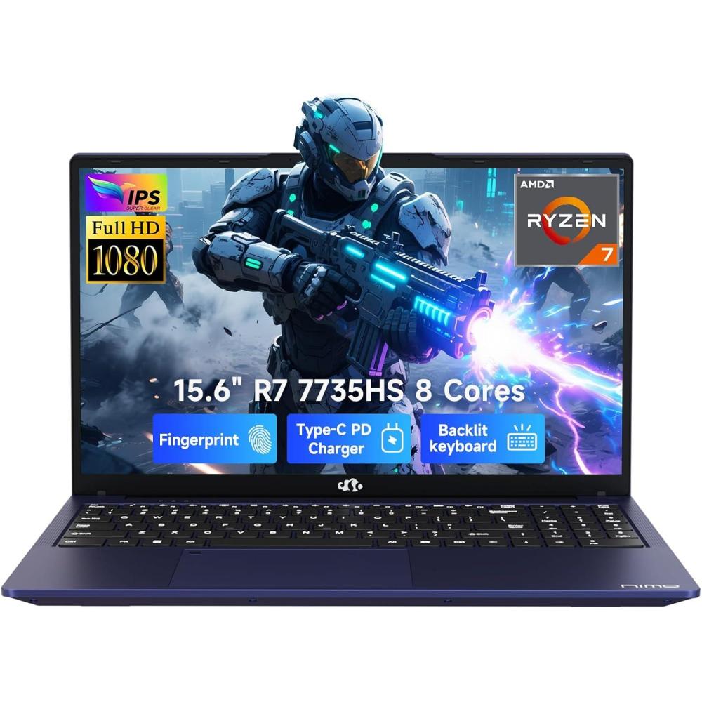 imageNIMO 156 IPS FHD Gaming Laptop AMD 8 Cores Ryzen 7 7735HS 32GB DDR5 RAM 1TB SSD Radeon 680M Graphics 100W TypeC Backlit Keyboard Fingerprint Unlock WiFi 5 Bluetooth 52Blue