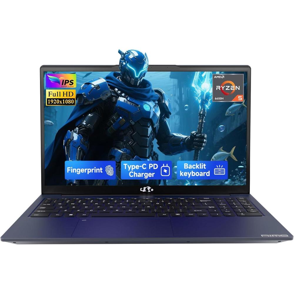imageNIMO 156 IPS FHDGamingLaptopAMD Ryzen 5 6600H 16GB DDR5 RAM 1TB SSD Beat i51335U 6 Cores Up to 45GHz AMD Radeon 660M GPUComputer with 100W TypeC Backlit Keyboard FingerprintBlue