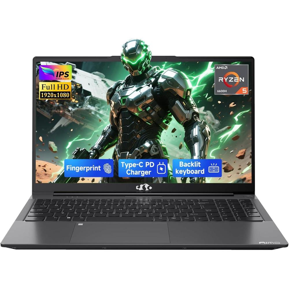 imageNIMO 156 IPS FHDGamingLaptopAMD Ryzen 5 6600H 16GB DDR5 RAM 1TB SSD Beat i51335U 6 Cores Up to 45GHz AMD Radeon 660M GPUComputer with 100W TypeC Backlit Keyboard FingerprintGray