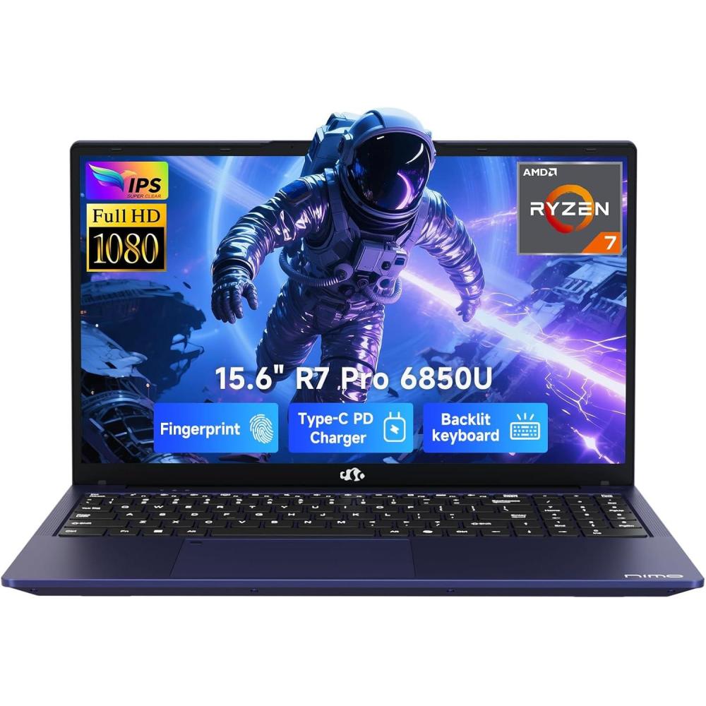 imageNIMO 156 LightGamingLaptop AMD Ryzen 7 Pro 6850U 8 Cores Up to 47GHz 16GB RAM 512GB SSD AMD Radeon 680M GPU FHD IPS Display 100W TypeC Backlit Keyboard Fingerprint ReaderBlue