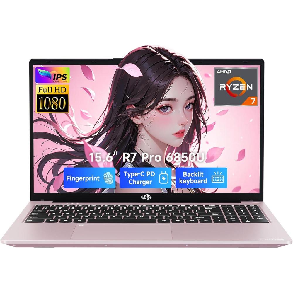 imageNIMO 156 LightGamingLaptop AMD Ryzen 7 Pro 6850U 8 Cores Up to 47GHz 16GB RAM 512GB SSD AMD Radeon 680M GPU FHD IPS Display 100W TypeC Backlit Keyboard Fingerprint ReaderRose Gold