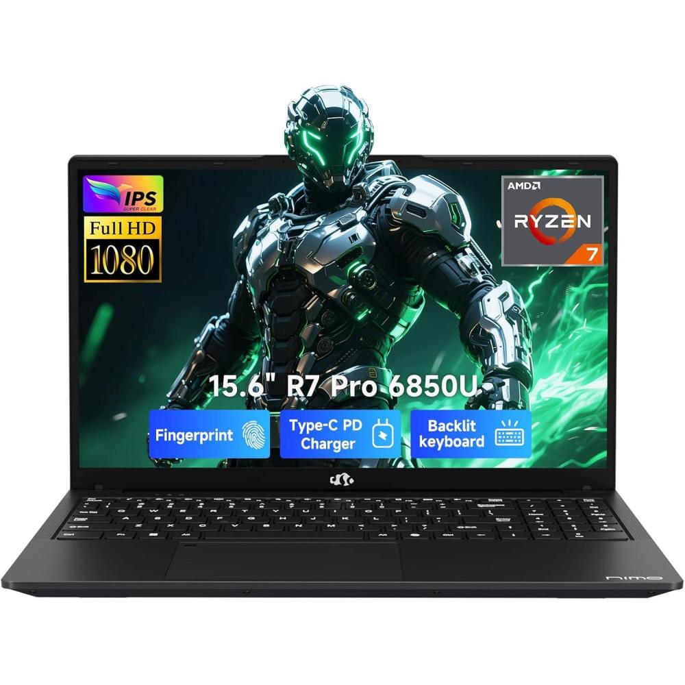 imageNIMO 156 LightGamingLaptop AMD Ryzen 7 Pro 6850U 8 Cores Up to 47GHz 16GB RAM 512GB SSD AMD Radeon 680M GPU FHD IPS Display 100W TypeC Backlit Keyboard Fingerprint ReaderBlack
