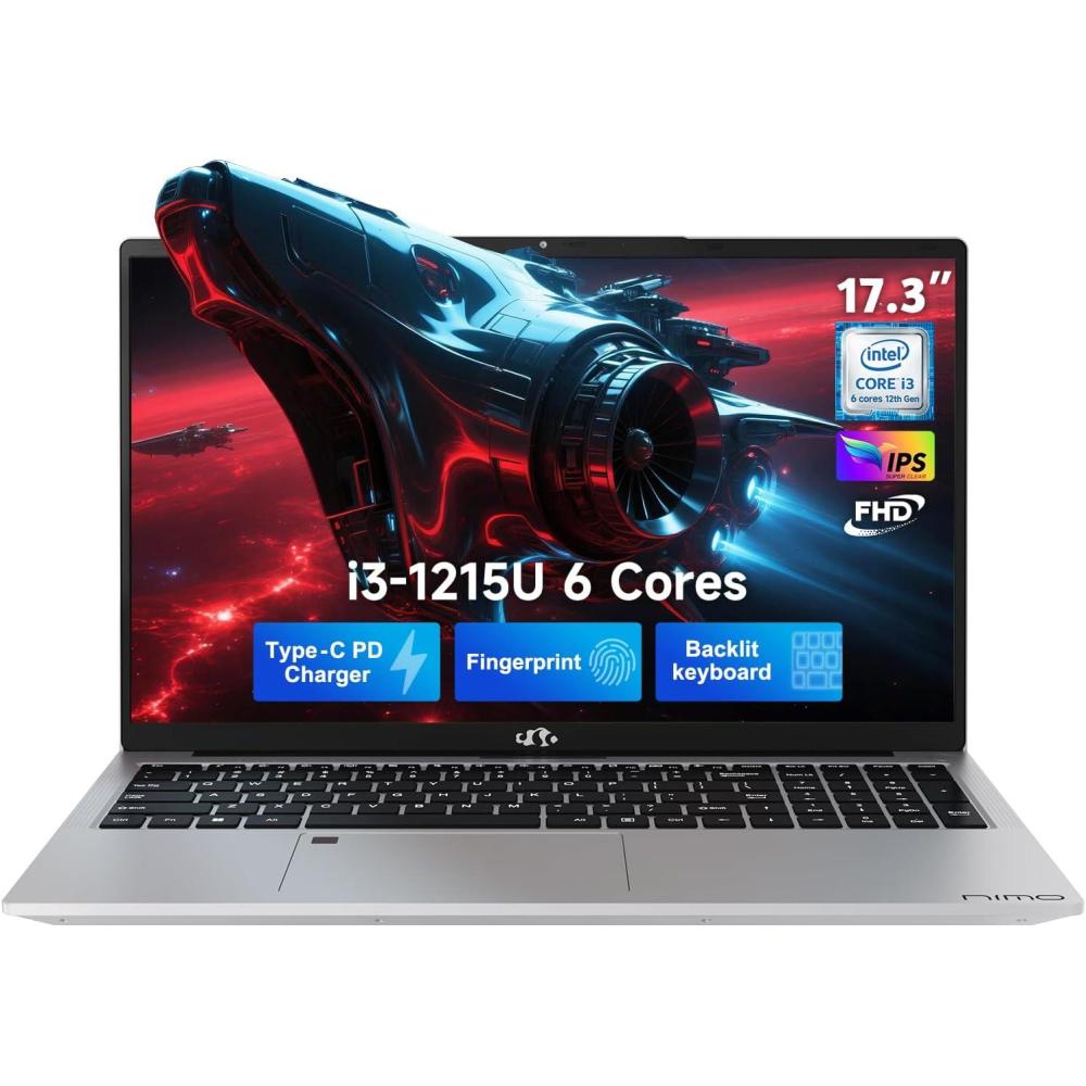 imageNIMO 17 Inch FHD IPS Laptop 6 Cores i31215U 16GB RAM 512GB SSD Up to 44GHz Beat Ryzen 5 7520U School Computer with 65W TypeC WiFi 6 Backlit KB Fingerprint for BusinessSilver