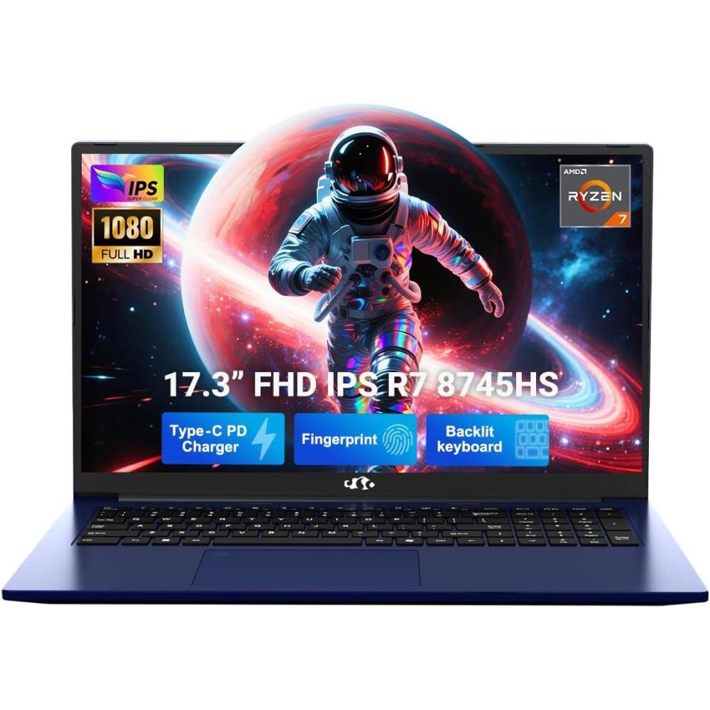 imageNIMO 173 LightGamingLaptop AMD Ryzen 7 8745HS 8 Cores 32GB DDR5 RAM 1TB SSD Radeon 780M Graphics FHD IPS Display 100W TypeC Fast Charger Backlit Keyboard Fingerprint USB 40Blue