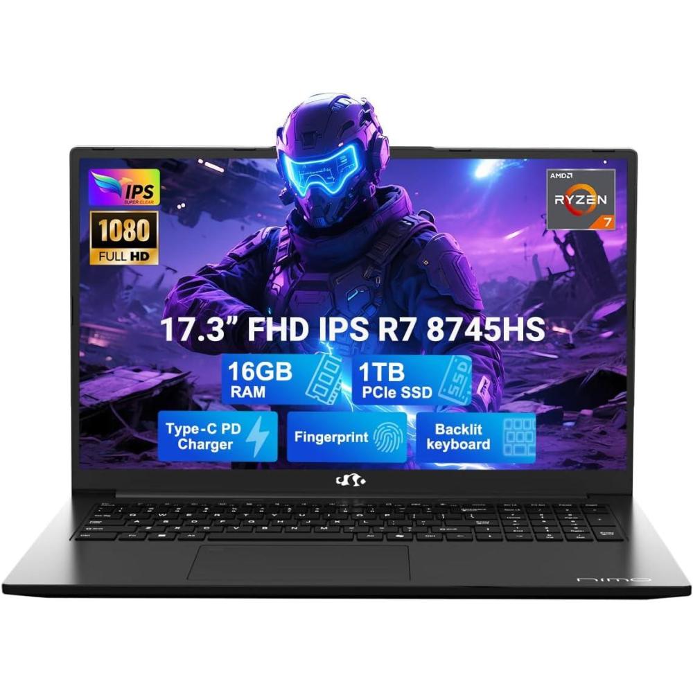 imageNIMO 173 LightGamingLaptop AMD Ryzen 7 8745HS 8 Cores 32GB DDR5 RAM 1TB SSD Radeon 780M Graphics FHD IPS Display 100W TypeC Fast Charger Backlit Keyboard Fingerprint USB 40Black