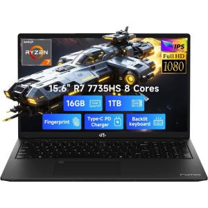 imageNIMO 156 IPS FHD Gaming Laptop AMD 8 Cores Ryzen 7 7735HS 32GB DDR5 RAM 1TB SSD Radeon 680M Graphics 100W TypeC Backlit Keyboard Fingerprint Unlock WiFi 5 Bluetooth 52Black