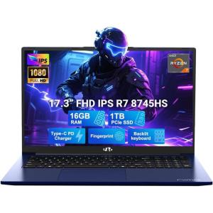 imageNIMO 173 FHD IPS Laptop AMD Ryzen 7 8745HS 8Core up to 49GHz 32GB DDR5 RAM 1TB SSD AMD Radeon 780M Graphics 100W TypeC Fast Charger Backlit Keyboard Fingerprint USB 40Blue