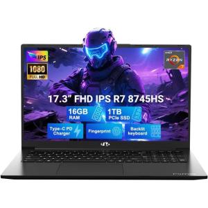 imageNIMO 173 LightGamingLaptop AMD Ryzen 7 8745HS 8 Cores 32GB DDR5 RAM 1TB SSD Radeon 780M Graphics FHD IPS Display 100W TypeC Fast Charger Backlit Keyboard Fingerprint USB 40Black