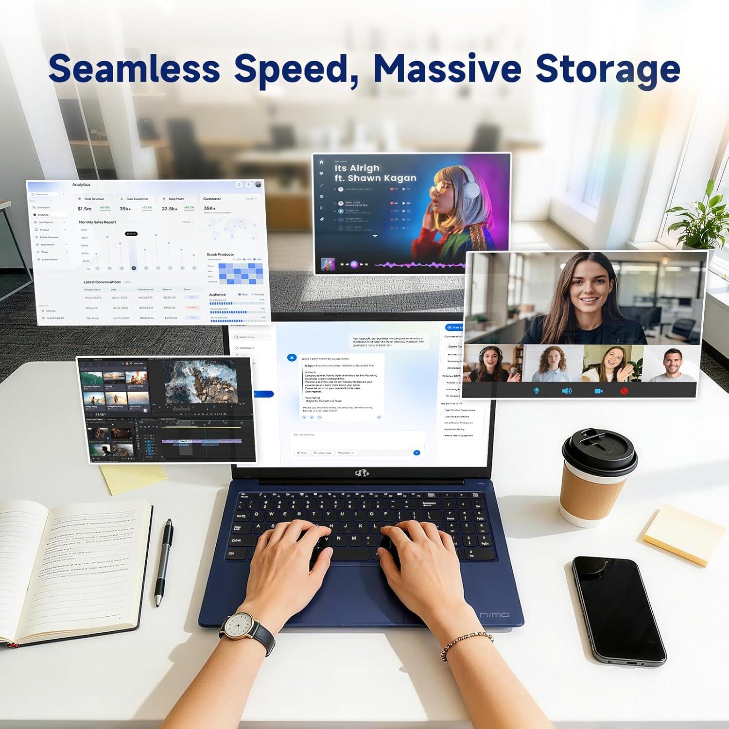 imageNIMO 156 IPS FHDStudentLaptop Intel Twin Lake N150 4 Cores Up to 36GHz with 2YearsWarranty 65W TypeC Fingerprint Backlit Keyboard 5358Wh Battery 8GB RAM 256GB SSD for Office and Home