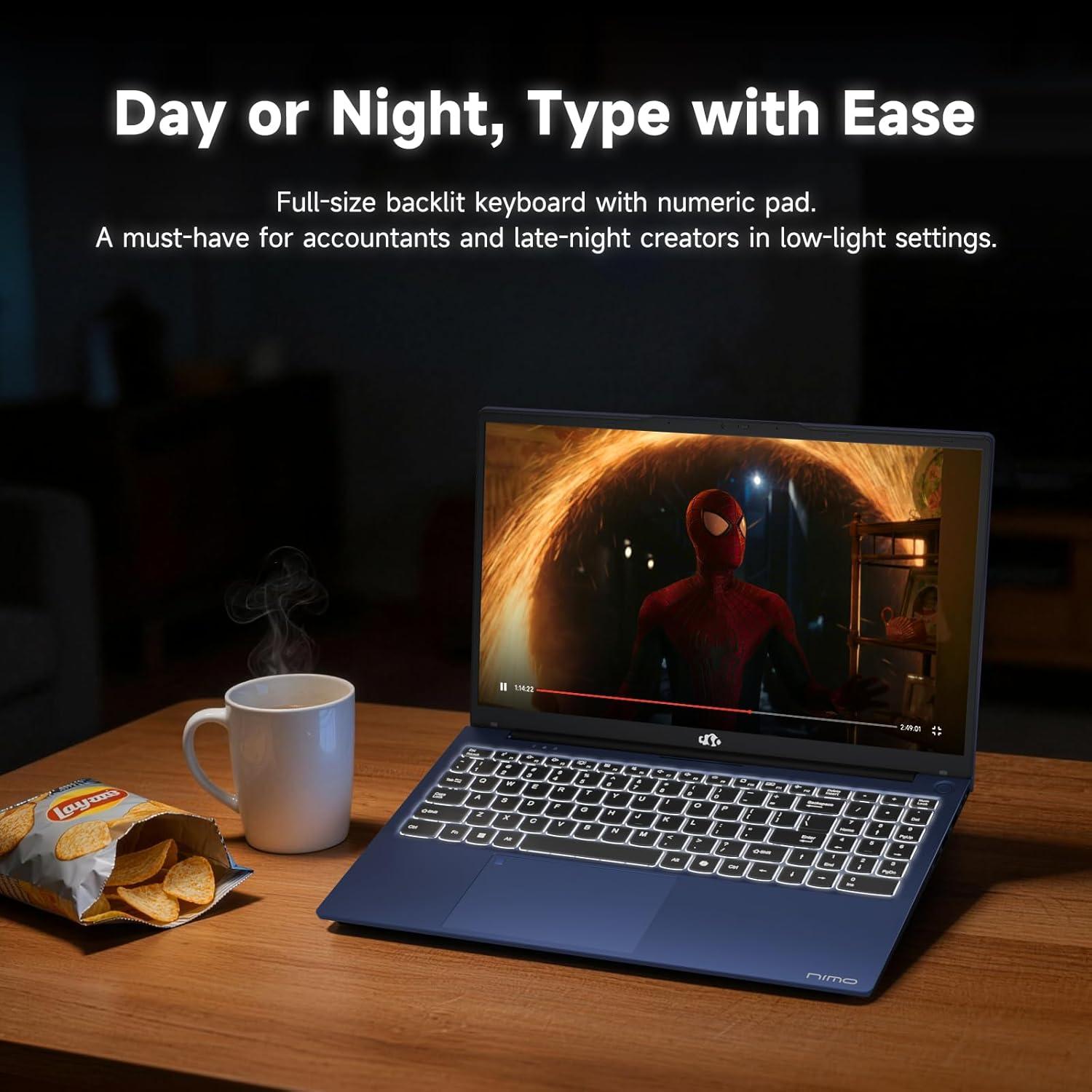 imageNIMO 156 IPS FHDStudentLaptop Intel Twin Lake N150 4 Cores Up to 36GHz with 2YearsWarranty 65W TypeC Fingerprint Backlit Keyboard 5358Wh Battery 8GB RAM 256GB SSD for Office and Home