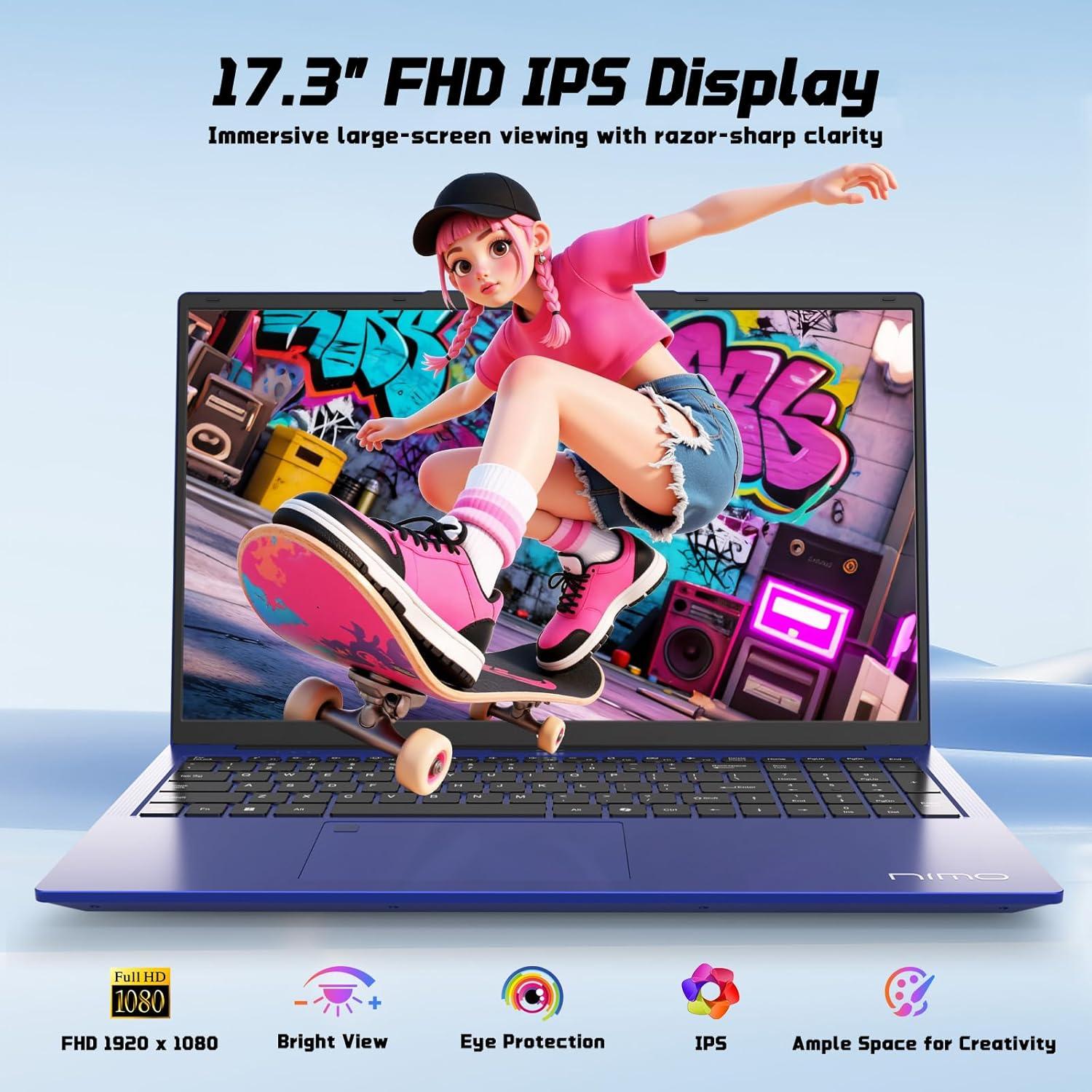 imageNIMO 173 FHD IPS StudentLaptopComputer  16GB RAM 256GB SSD Pentium 4 Cores N100Beat i31115G4 Up to 34GHz 65W TypeC 2 Years Warranty Fingerprint Backlit Keyboard WiFi 6 BT52Blue