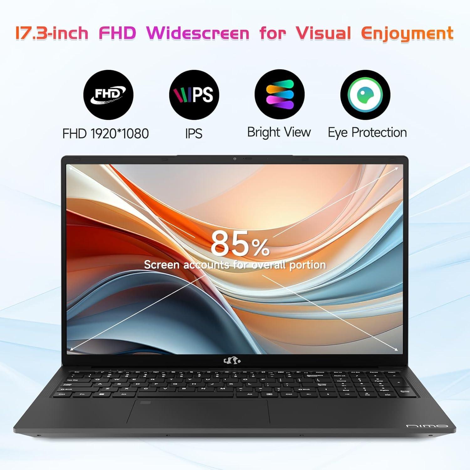 imageNIMO 173 IPS FHD Laptop Intel 6 Cores i31215U Up to 44GHz Beat Ryzen 5 7520U 16GB RAM 1TB SSD Computer with 180 Viewing 65W Type C Backlit KB Fingerprint WiFi 6 for School and BusinessGray