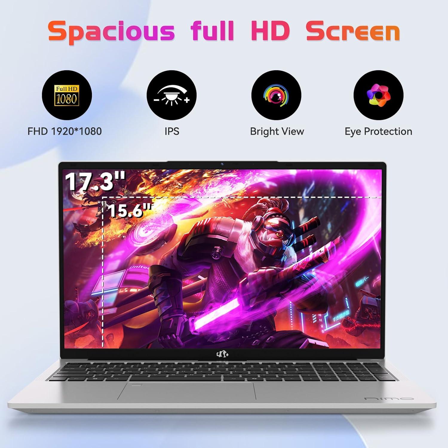 imageNIMO 173 IPS FHD Laptop Intel 6 Cores i31215U Up to 44GHz Beat Ryzen 5 7520U 16GB RAM 1TB SSD Computer with 180 Viewing 65W Type C Backlit KB Fingerprint WiFi 6 for School and BusinessSilver