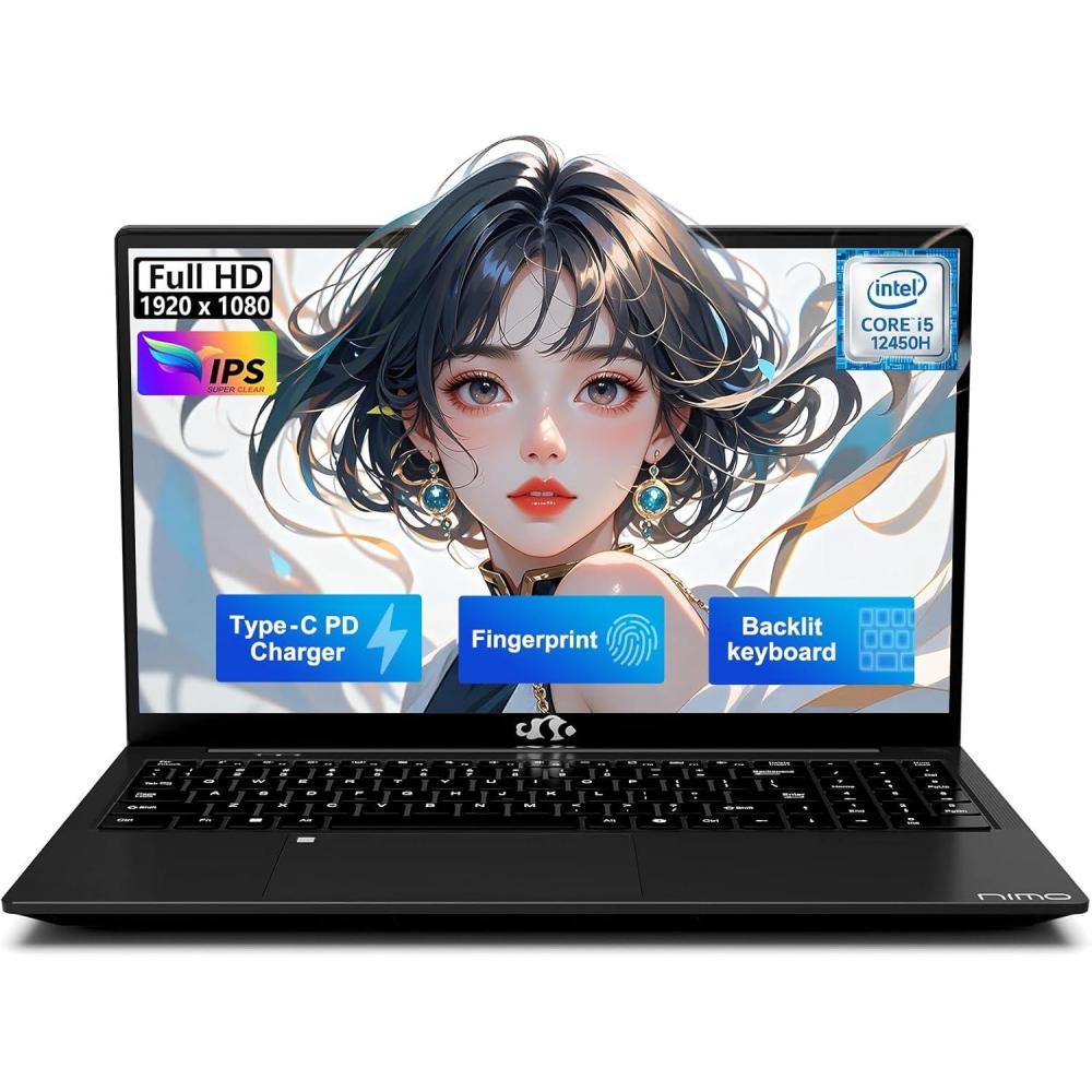 imageNIMO 156 FHD lPSBusinessLaptop 8 Cores i512450H 16GB RAM 512GB SSD Beat i711800H Up to 44 GHz 100W TypeC Fingerprint Backlit Keyboard WiFi6 for Home and StudentBlack