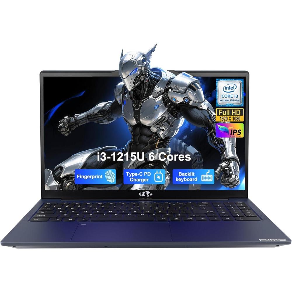 imageNIMO 156 IPS FHD Student Laptop Intel 6Core i31215U Laptop Up to 44GHz Beats R5 7520U with 16GB RAM 1TB SSD 65W TypeC 180 Viewing Backlit KB Fingerprint WiFi 6 for Home amp Business